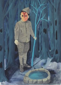 peinture marie pierre brunel garçon, masque, bois