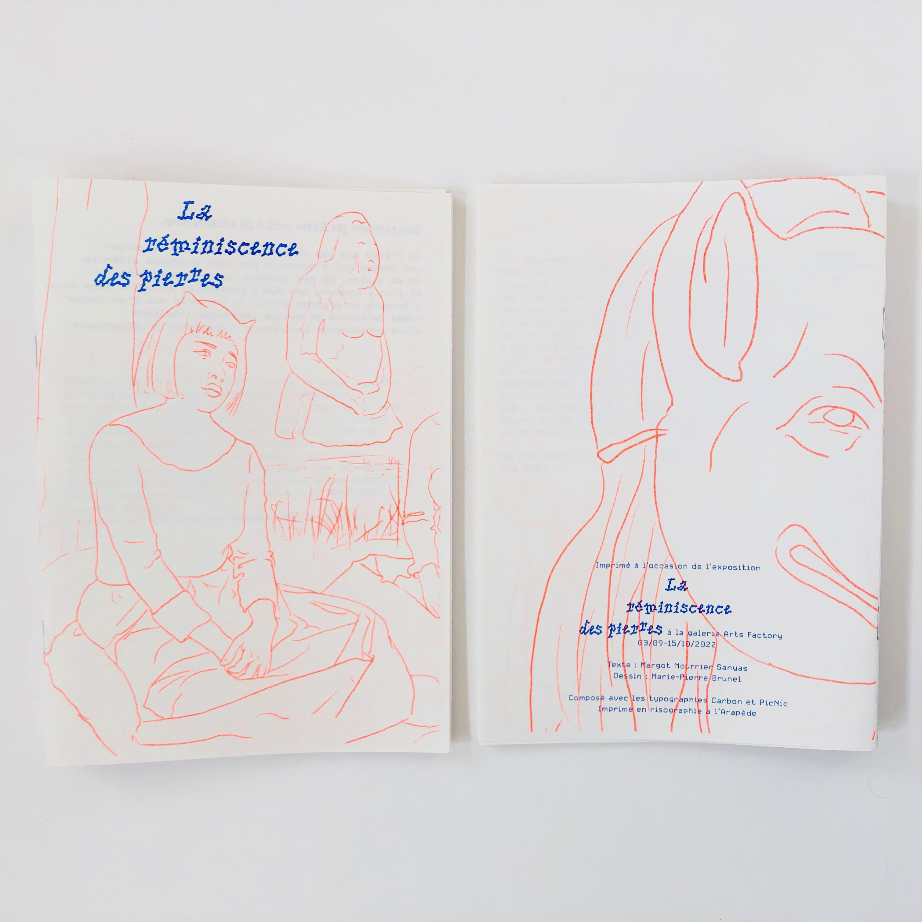 Couverture d'une publication artistique intitulée 'La réminiscence des pierres', mettant en avant un dessin minimaliste en contour orange sur fond blanc, avec des illustrations de personnages, utilisée pour une exposition.