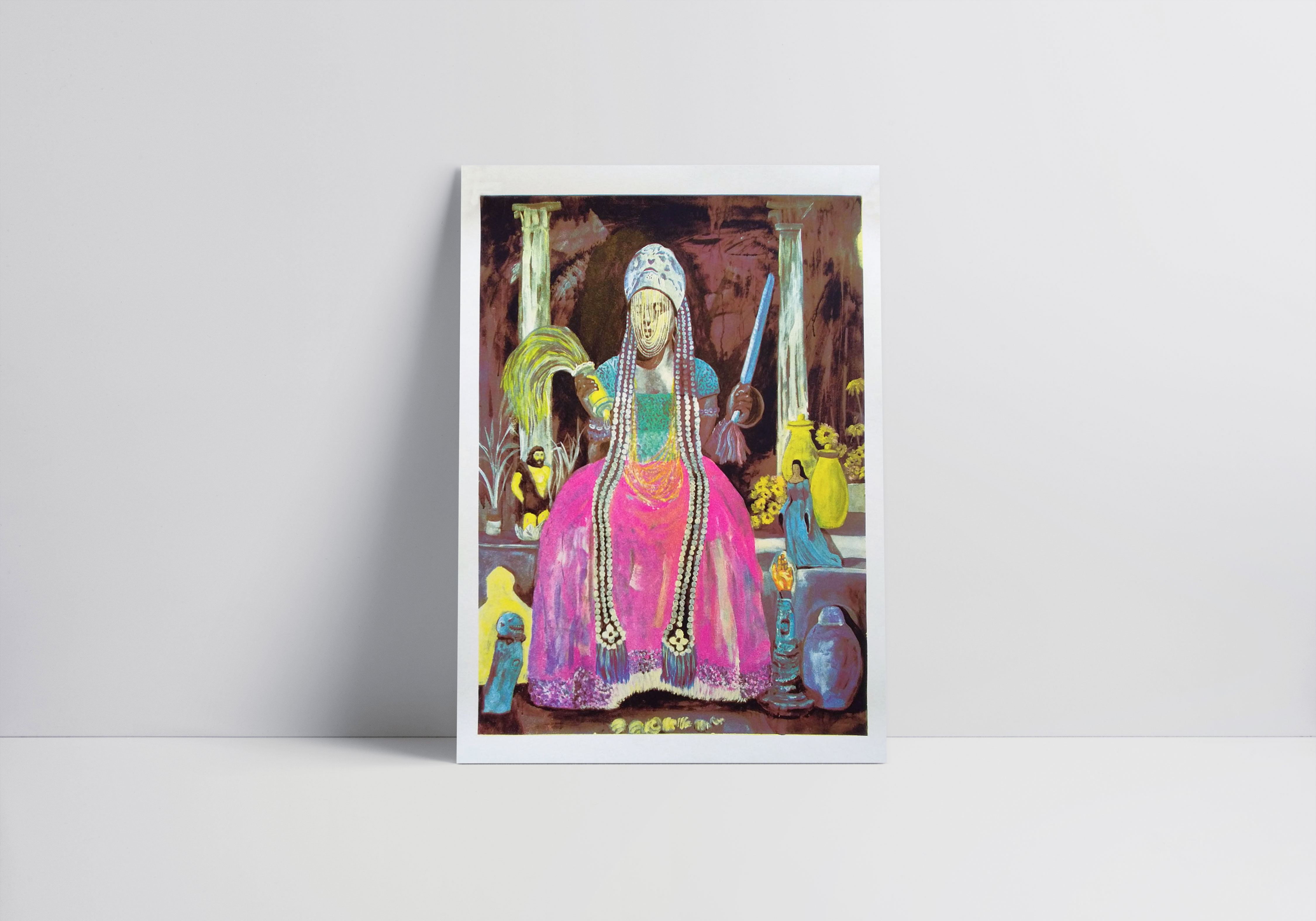 Illustration of a seated figure in vibrant colors, adorned in a pink dress with intricate details. The figure is holding objects and surrounded by decorative elements, including vases and small figurines.