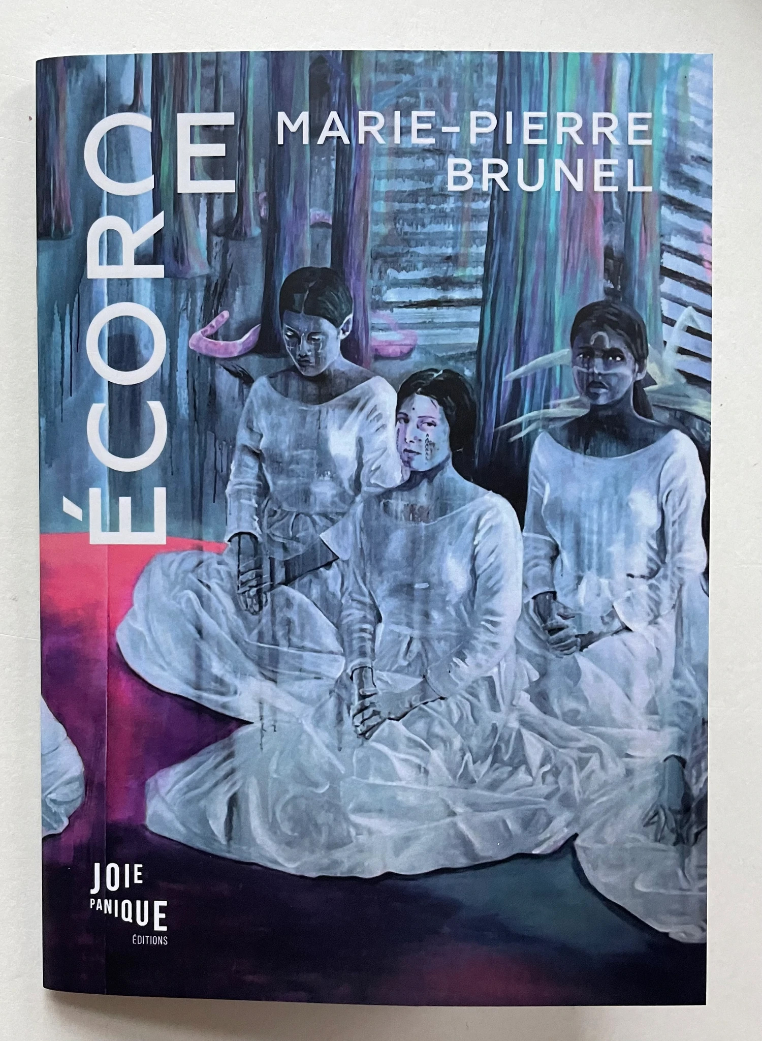 Couverture du livre 'Écorce' de Marie-Pierre Brunel, présentant des personnages assis en vêtements blancs sur un fond coloré.